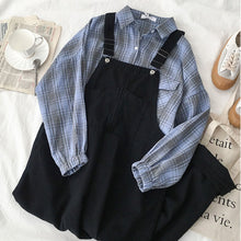 Load image into Gallery viewer, Harajuku Casual Overall Set Women Summer Two Piece Set Fashion Blue Long Sleeve Plaid Blouse + Black Loose Long Pant Summer Set