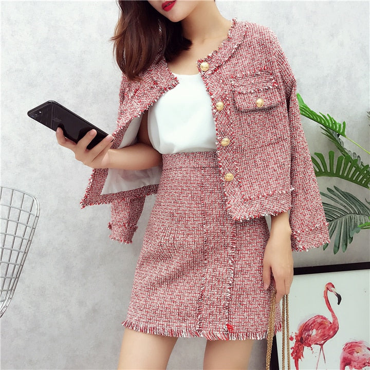 HAMALIEL High Quality Women 2 Piece Set Autumn Winter Red Tweed Tassel Single Breasted Jacket Coat Fringe A Line Skirt Suits