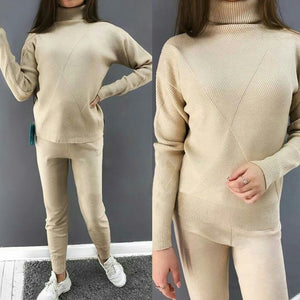 TAOVK Autumn Knitted Tracksuit Turtleneck Sweater Casual Suits Women Knit Pullovers and long Pant 2 Piece Set Female