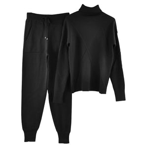 TAOVK Autumn Knitted Tracksuit Turtleneck Sweater Casual Suits Women Knit Pullovers and long Pant 2 Piece Set Female