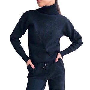 TAOVK Autumn Knitted Tracksuit Turtleneck Sweater Casual Suits Women Knit Pullovers and long Pant 2 Piece Set Female